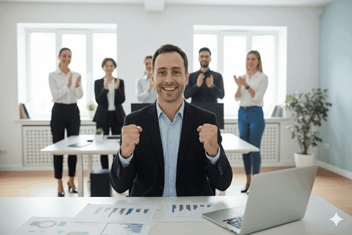 Empresário vencedor sendo aplaudido-700px-tiny